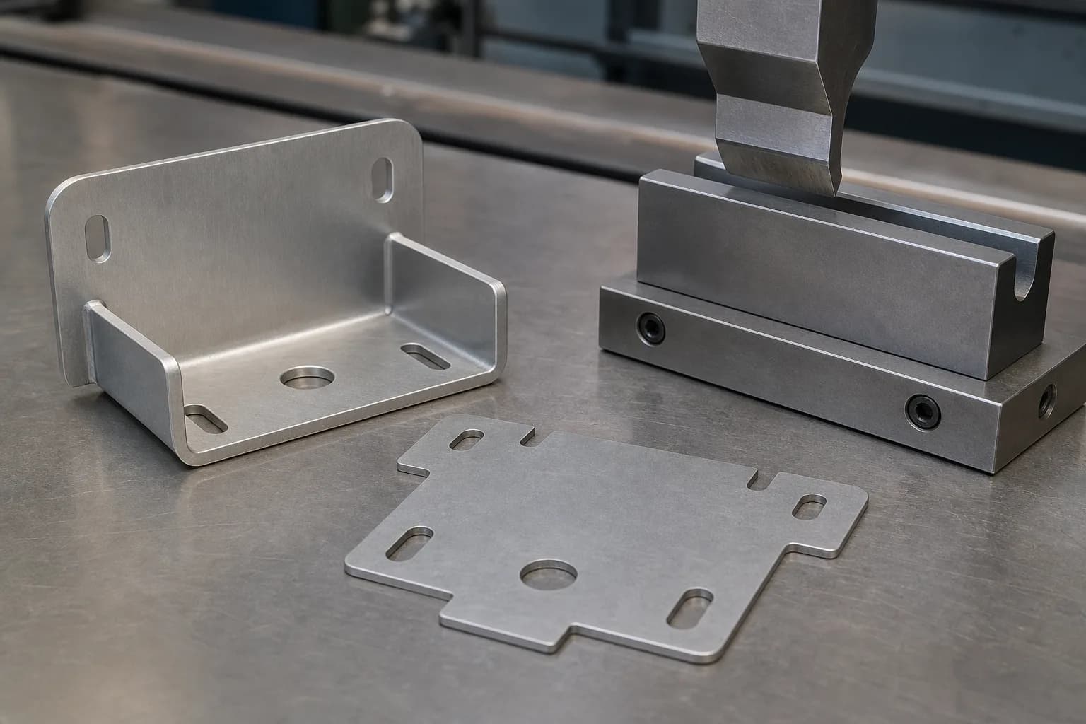 Formed sheet metal bracket beside a flat blank and press brake tooling