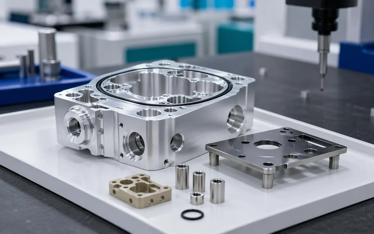 Machined diagnostic analyzer housing with O-ring groove, sensor bores, PEEK spacer, stainless standoffs, and optics mounting plate