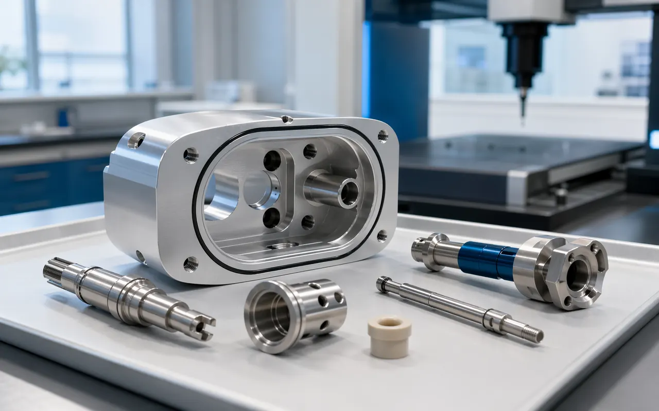 Medical CNC components with machined enclosure frame, metal covers, threaded features, and inspection-ready parts