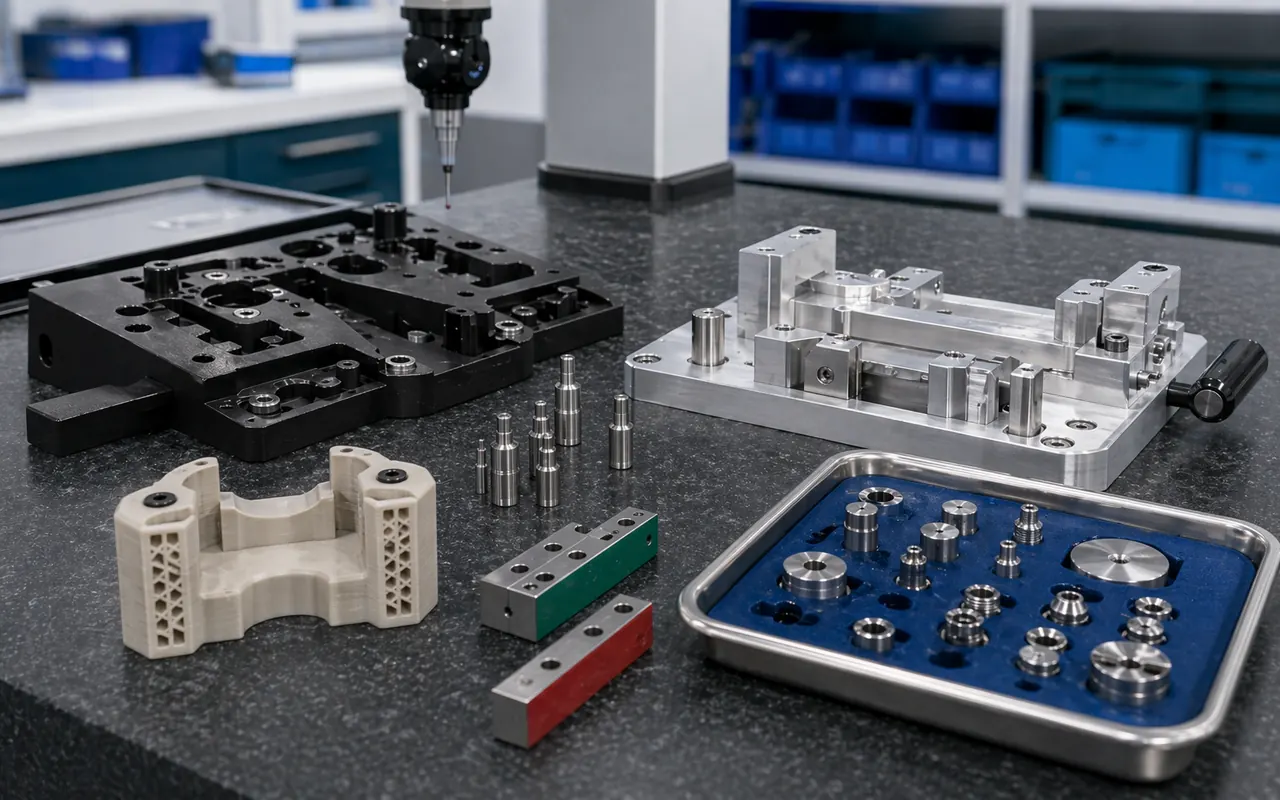 Medical device manufacturing and test fixtures with black anodized inspection nest, machined assembly fixture, locating pins, printed soft jaws, and sample metal parts