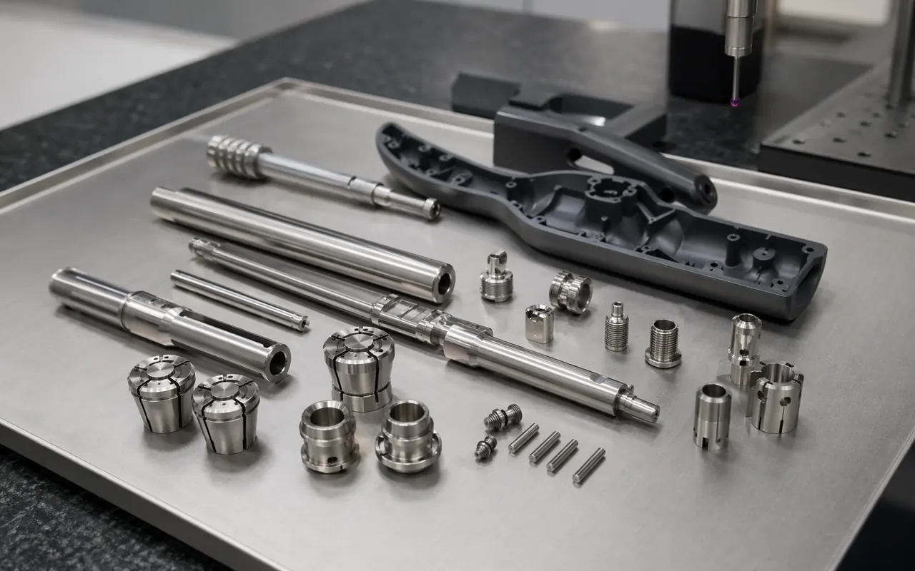 Surgical instrument mechanical subcomponents with stainless shafts, machined collars, threaded inserts, precision pins, and a polymer handle prototype on a metal tray