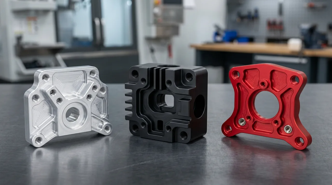 Anodized aluminum machined parts arranged on a bench
