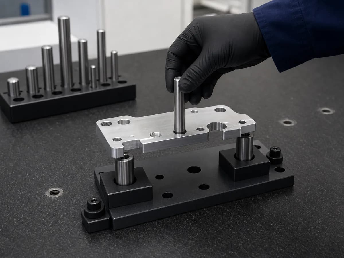 Inspector lowering a smooth check pin into a machined aluminum plate on an inspection fixture