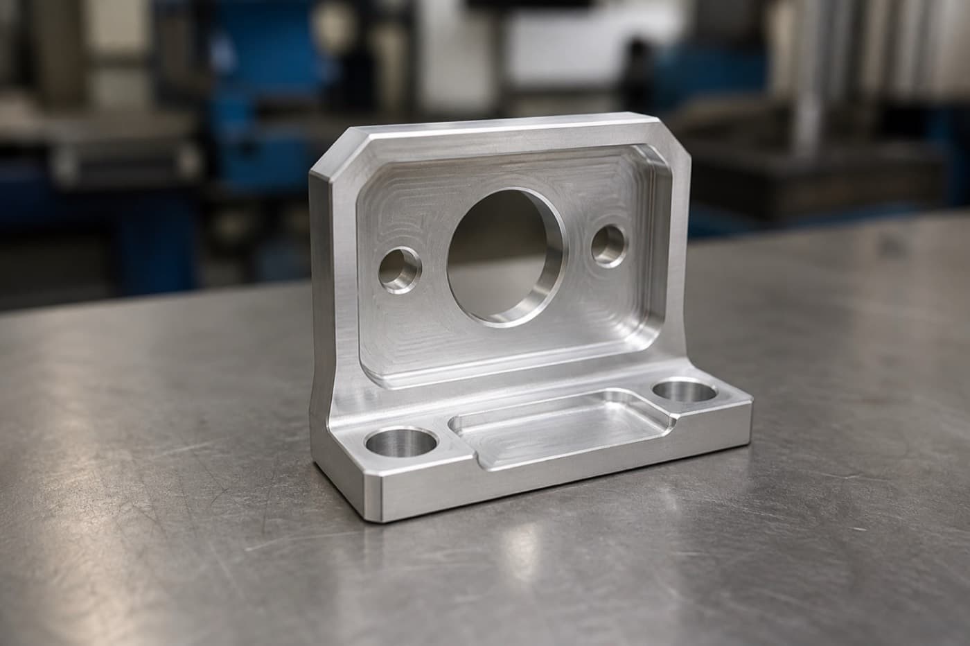 CNC-machined aluminum bracket on a clean workbench with visible toolpaths and chamfered edges, photographed without logos or text.