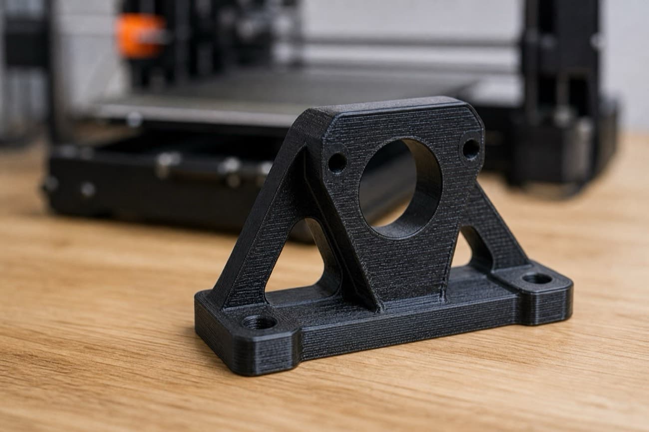 FDM 3D-printed polymer bracket with visible layer lines on a workbench, with a blurred 3D printer in the background and no readable UI text.