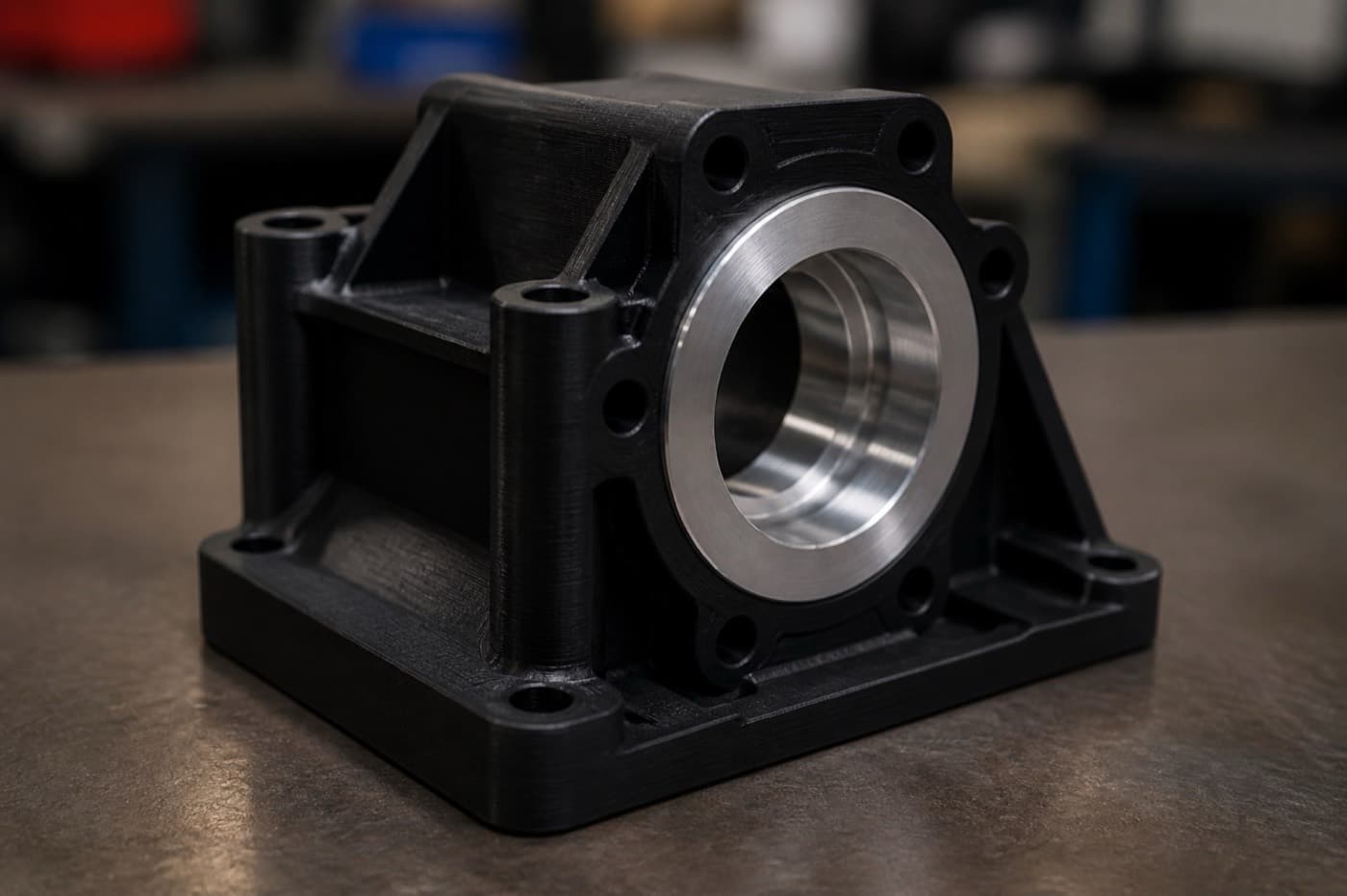 Hybrid part with a 3D-printed polymer housing and a CNC-machined aluminum insert press-fit into a pocket, showing a plausible fit without markings.