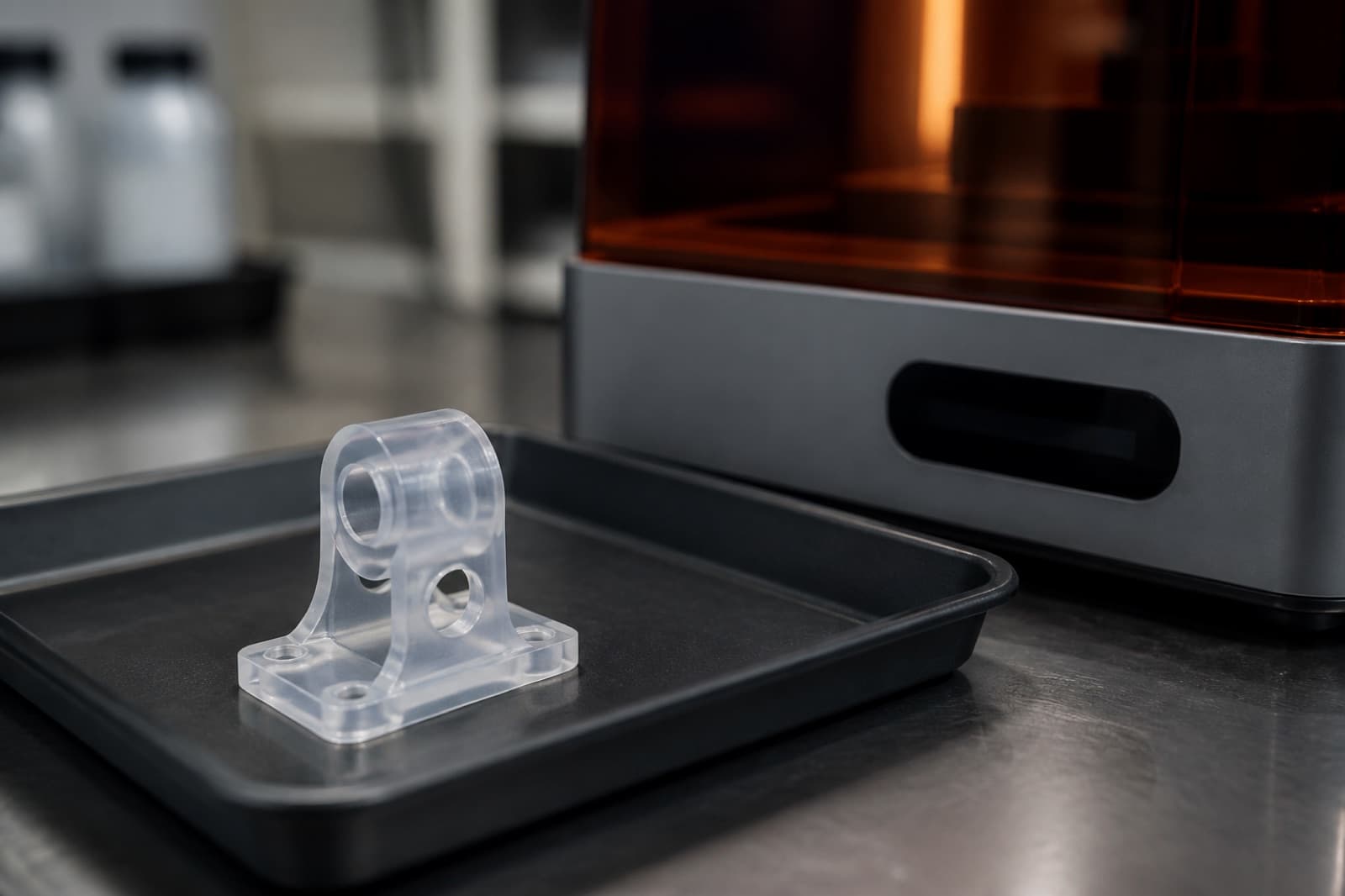 Smooth SLA resin 3D-printed part on a tray next to a UV curing station in the background, with no readable UI text.