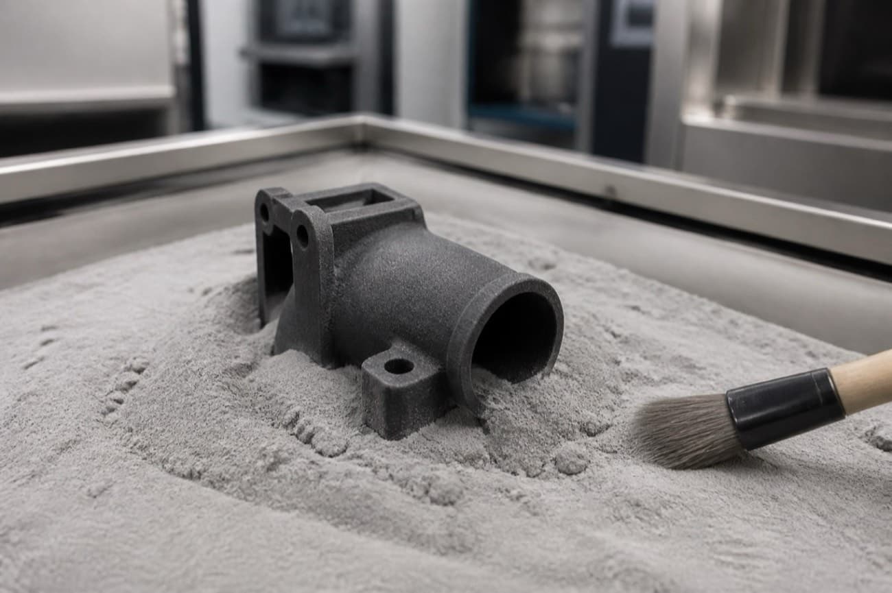 SLS/MJF nylon part partially emerging from powder in a powder-bed tray, showing realistic powder context without labels or text.