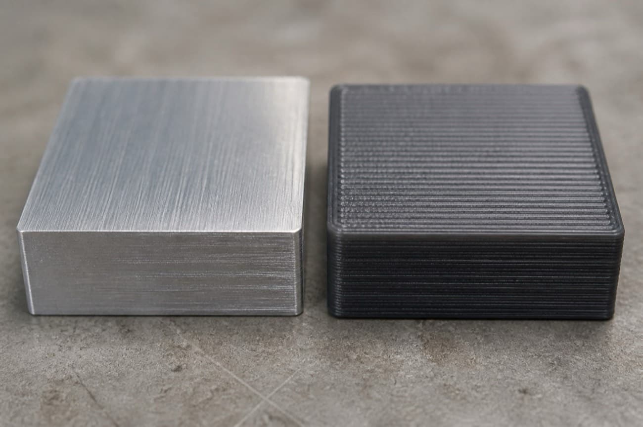Close-up comparison of a CNC-machined aluminum surface with fine tool marks next to an FDM-printed polymer surface with visible layer lines.