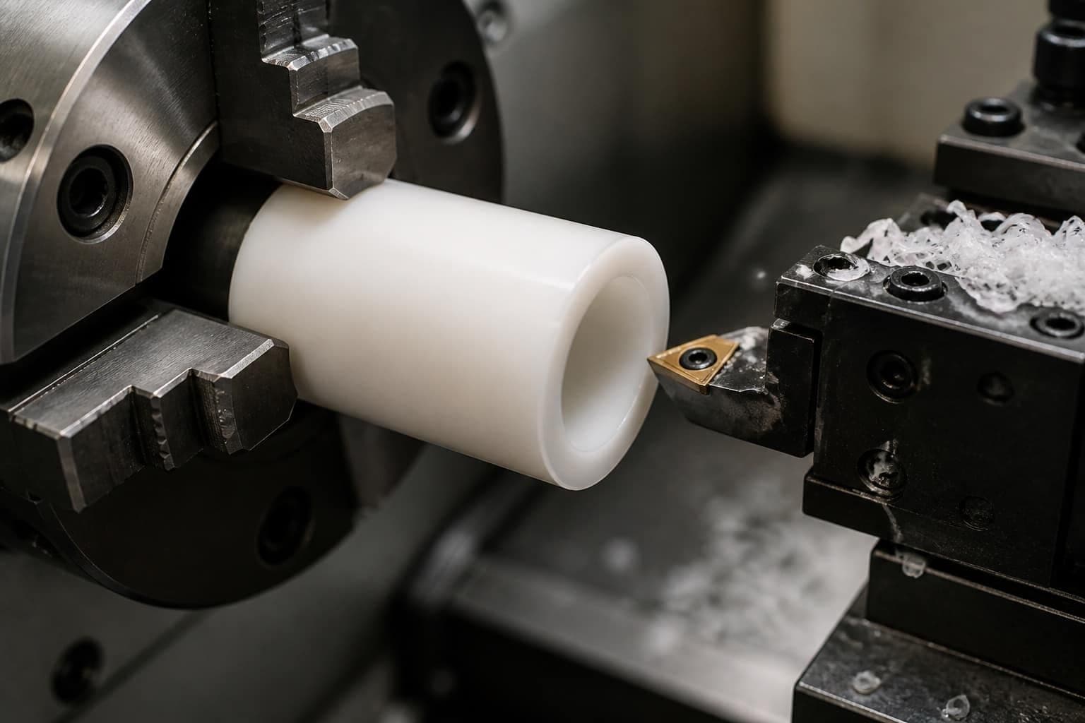 White acetal cylindrical part held in a CNC lathe chuck with a carbide turning tool near the finished bore