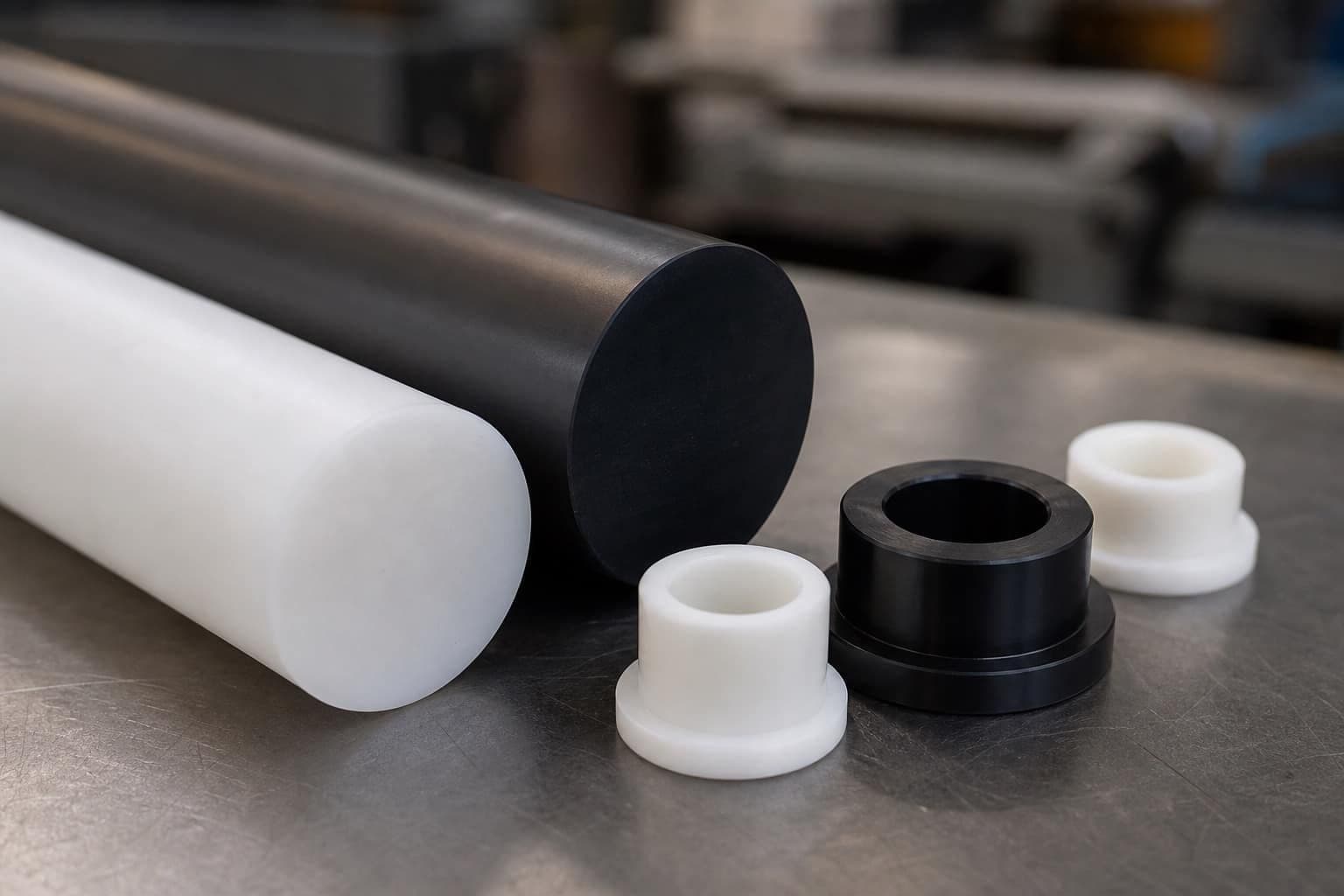 Natural white and black acetal stock with simple machined acetal bushings on a clean machine shop bench