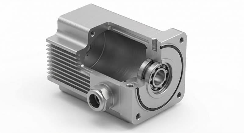 CNC machined aluminum actuator housing cutaway showing bearing bore, O-ring gland, cooling fins, cable gland port, and motor cavity
