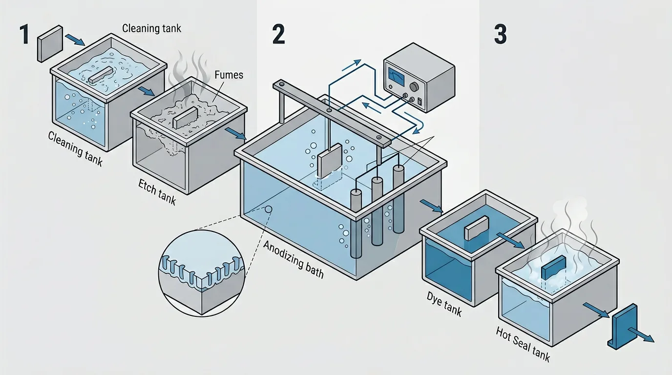 Three-step anodizing process: pre-treatment, anodizing bath, and dye and seal