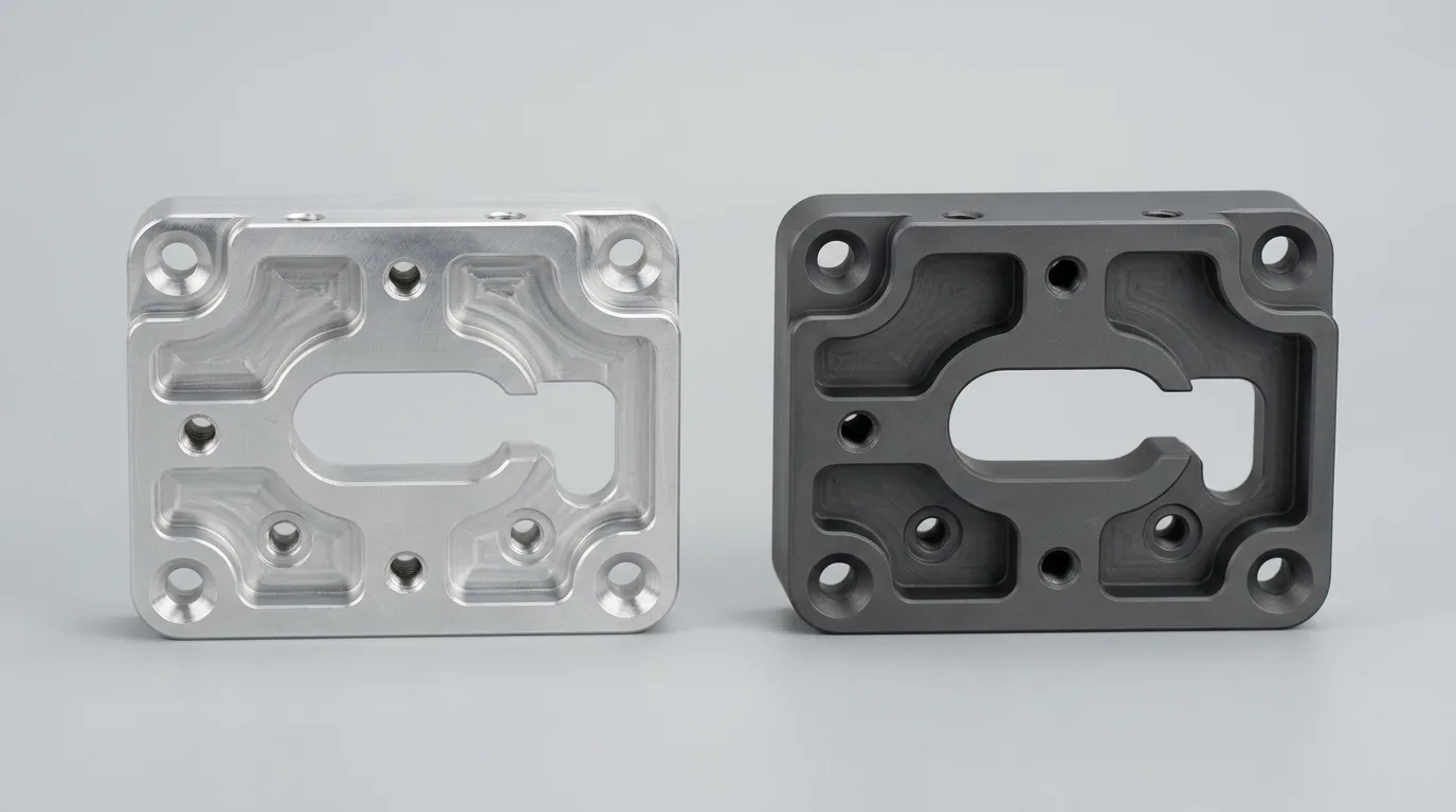 Side-by-side comparison of Type II clear anodize and Type III hard anodize on aluminum parts