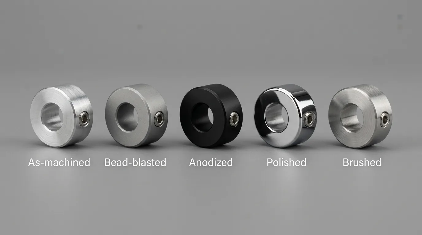 Five shaft collars in as-machined, bead-blasted, anodized, polished, and brushed finishes — surface options for aluminum and steel parts.