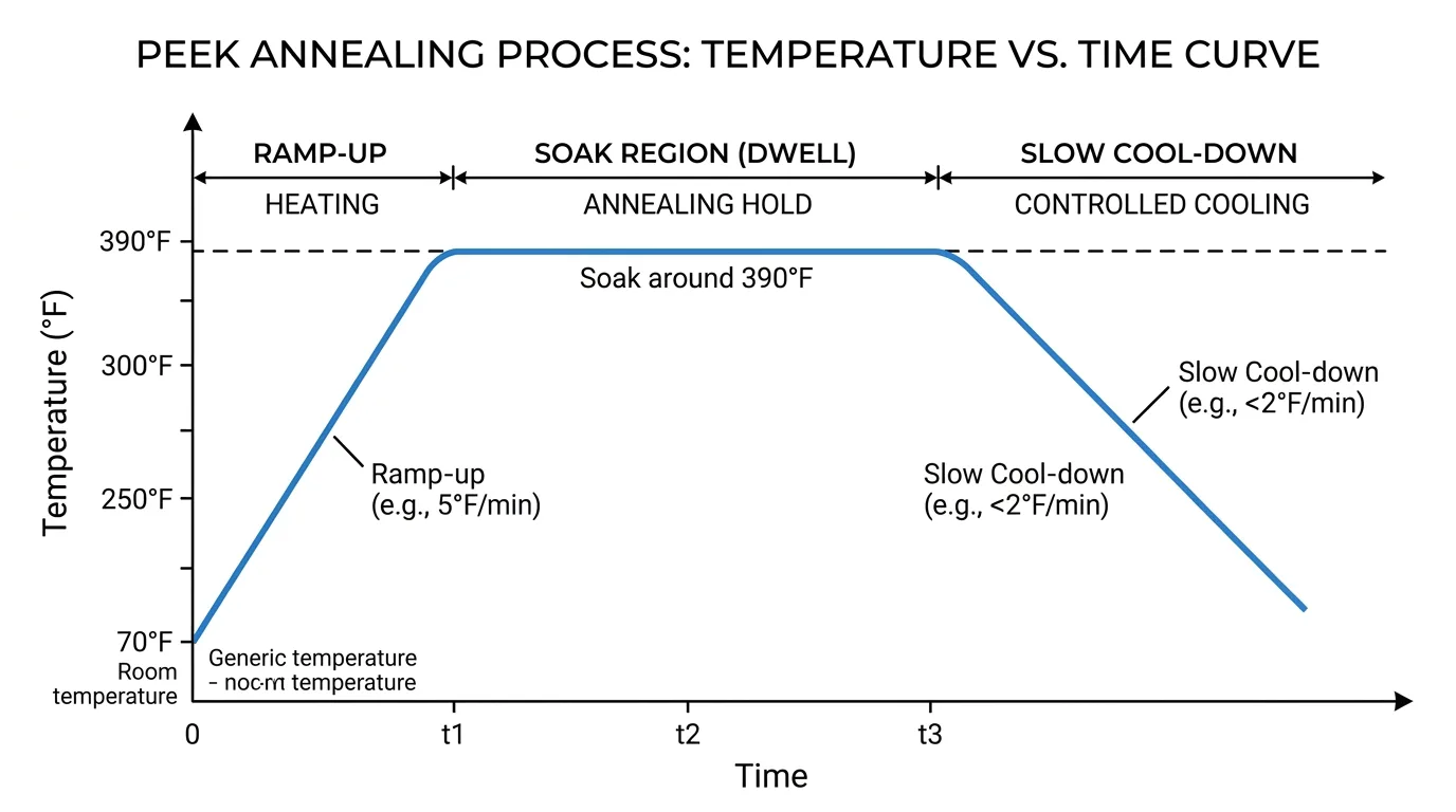 Temperature versus time curve for PEEK annealing: ramp up, soak at 390°F, slow cool-down