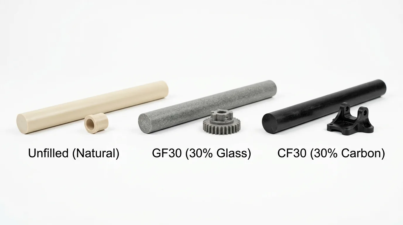 Three PEEK grades labeled: Unfilled (natural), GF30 30% glass-filled (gray), CF30 30% carbon-filled (black), each with rod stock and a machined part