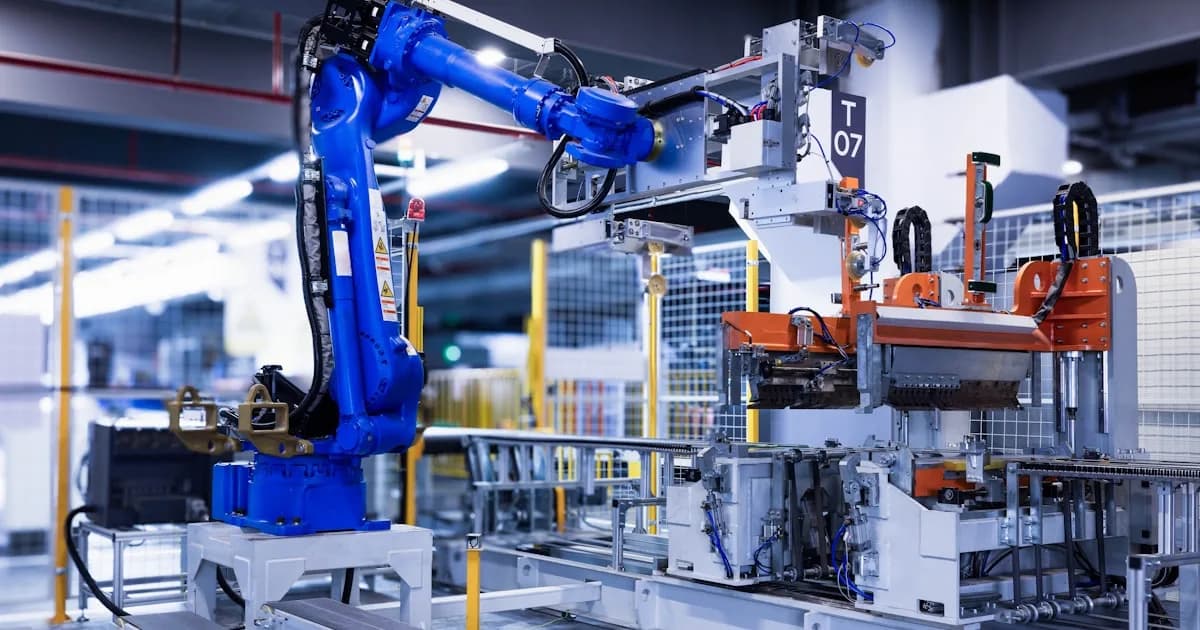 Industrial robot arm performing precision assembly operations on an automated production line