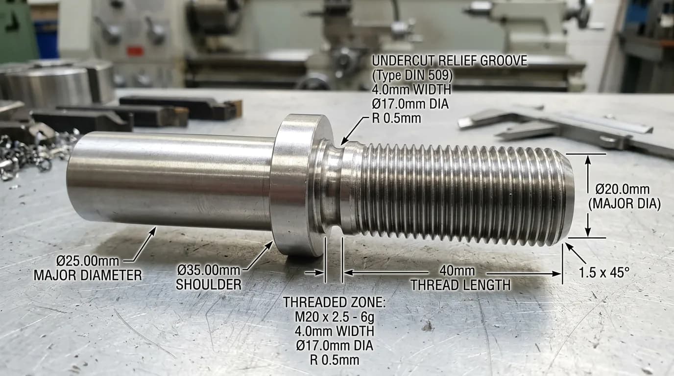 Machined shaft with threaded section and relief groove between thread and shoulder; external thread design for CNC turning.