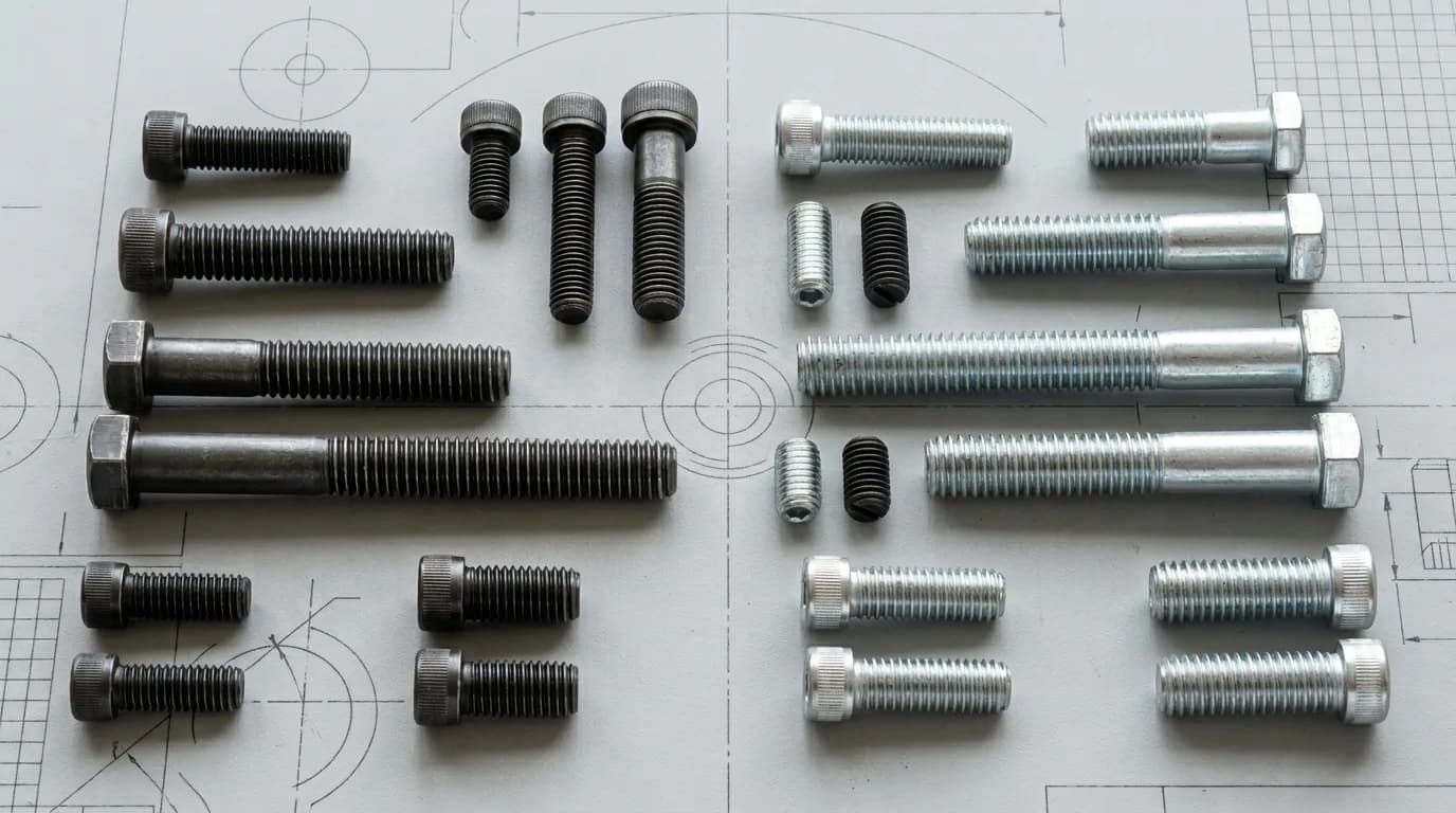 Assortment of metric and imperial screws and bolts showing different thread standards (UNC, UNF, metric) for CNC part design.