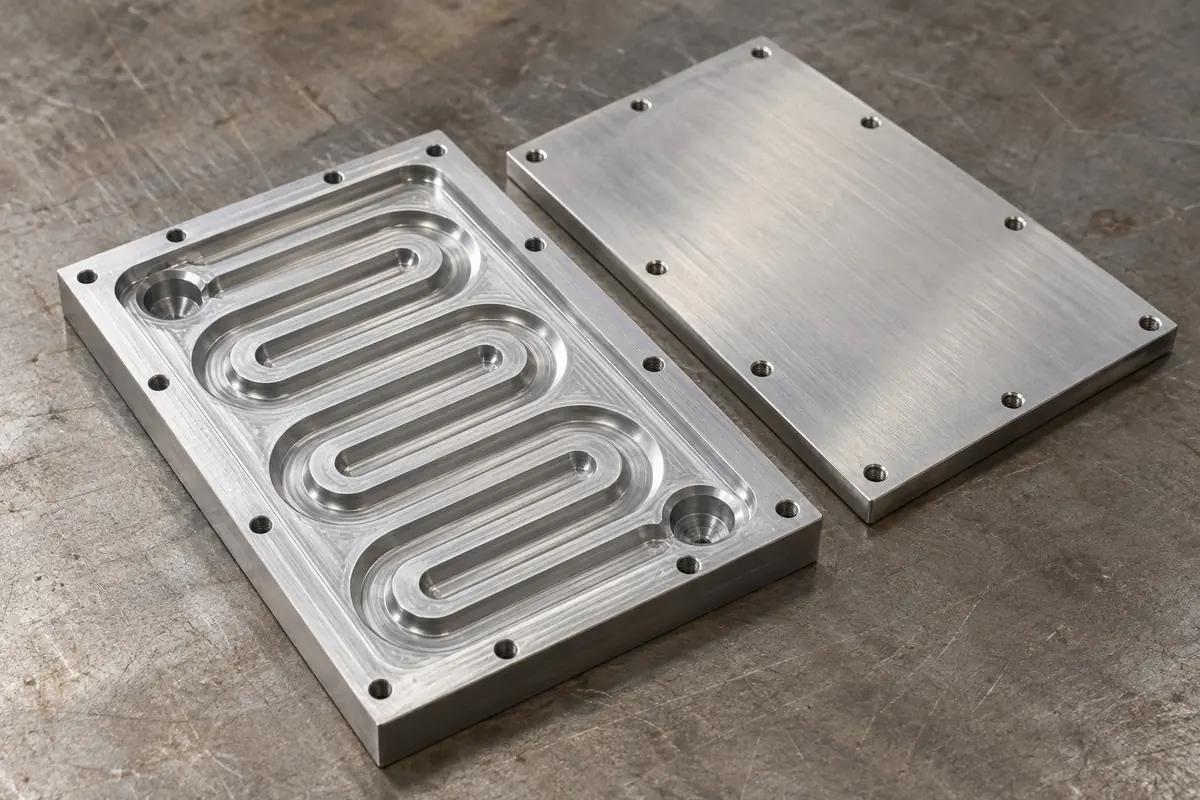 machined aluminum plate with serpentine channels beside a plain cover plate