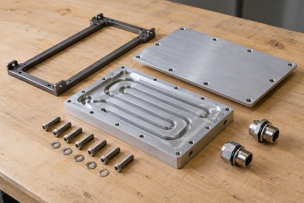 machined aluminum channel plate, cover plate, frame, fittings, and fasteners arranged before assembly