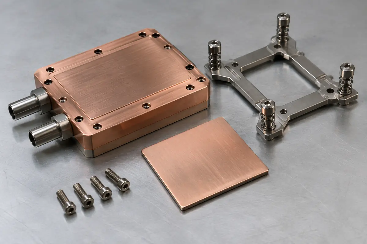 copper plate, sealed plate assembly, mounting frame, and fasteners on an inspection table