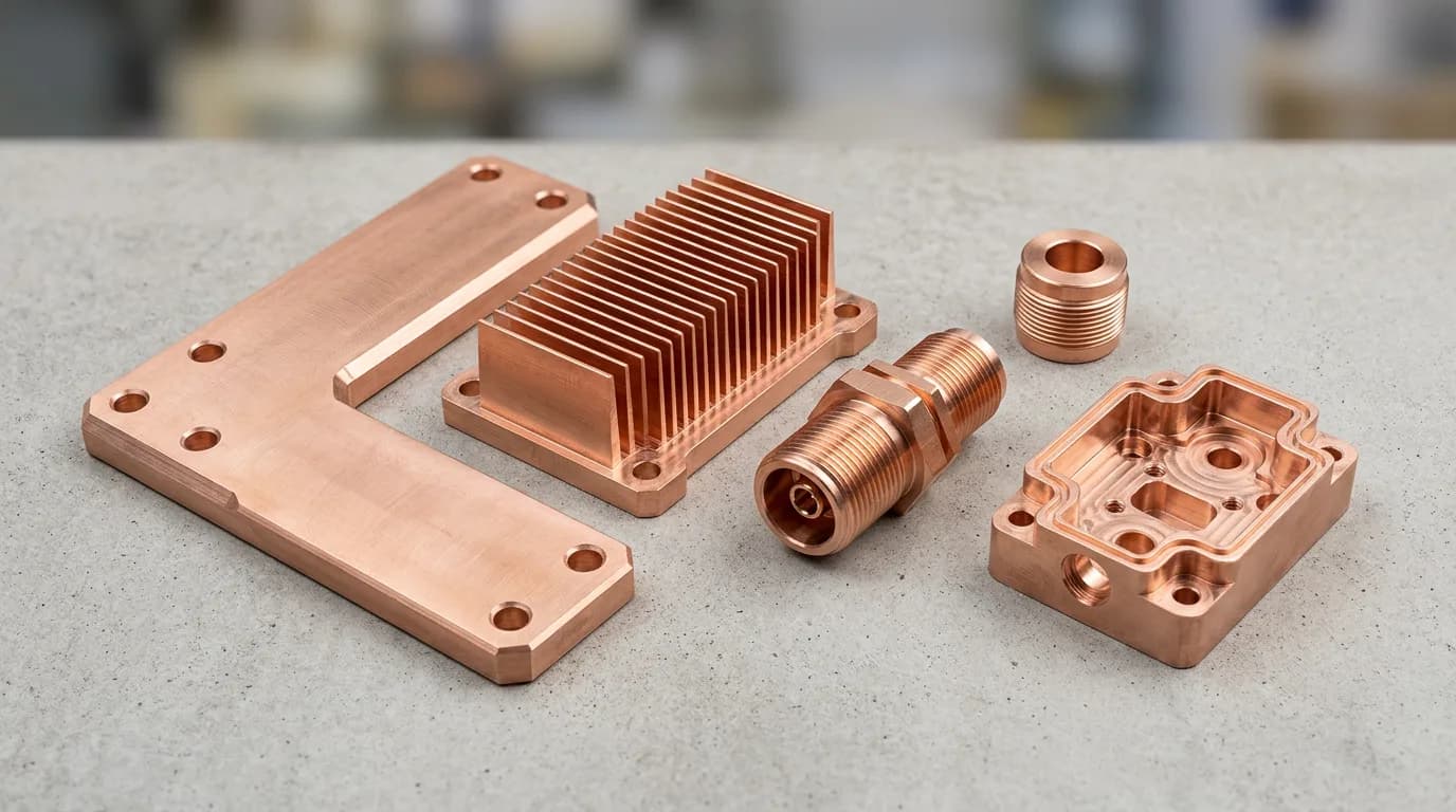 CNC machined copper alloy parts: bus bars, heat sink fins, and electrical components
