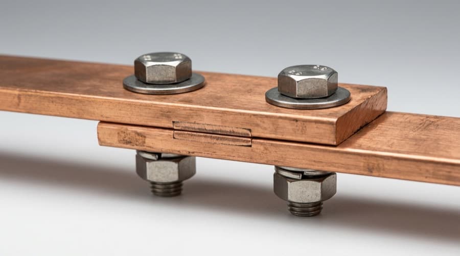 Bolted copper bus bar joint — overlap, bolt pattern, and contact area for low resistance
