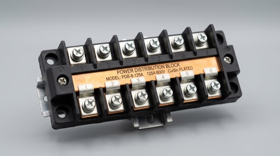 Copper terminal block — multiple contact points for power distribution