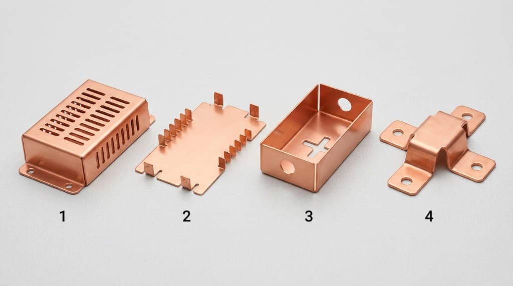 Four copper sheet metal parts: enclosure with ventilation slots, base plate with bent tabs, open box with cutouts, and bridge-shaped mounting bracket