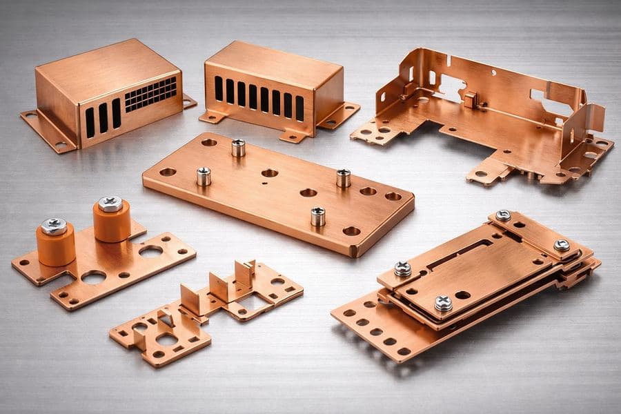 Copper sheet metal parts: enclosures with ventilation slots, chassis with bends and cutouts, plates with PEM standoffs, brackets, and stacked assemblies