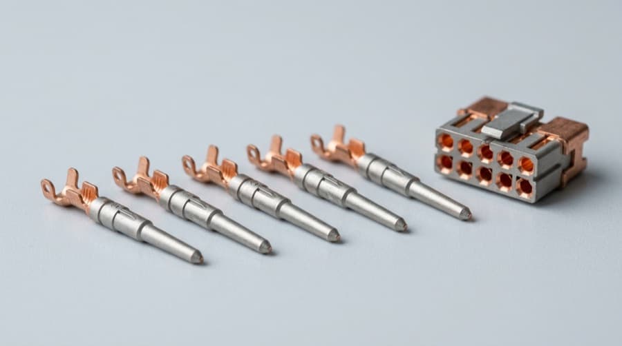 Tin-plated copper terminal pins — RoHS-compliant, solderable finish for connectors and PCB-adjacent parts