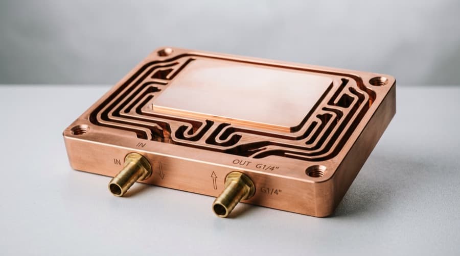 Copper cold plate for liquid cooling — CNC machined with fluid channels, used when heat flux exceeds ~50 W/cm²