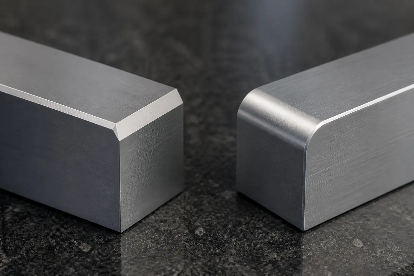 Two machined aluminum blocks showing a straight external chamfer and a convex rounded external edge