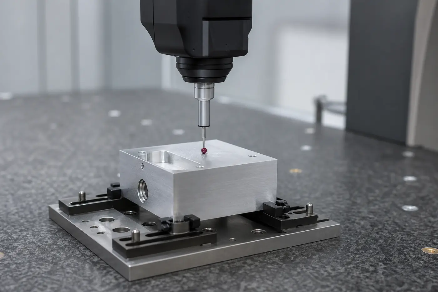 Ruby-tipped coordinate measuring machine probe contacting the flat top surface of a fixtured machined aluminum block