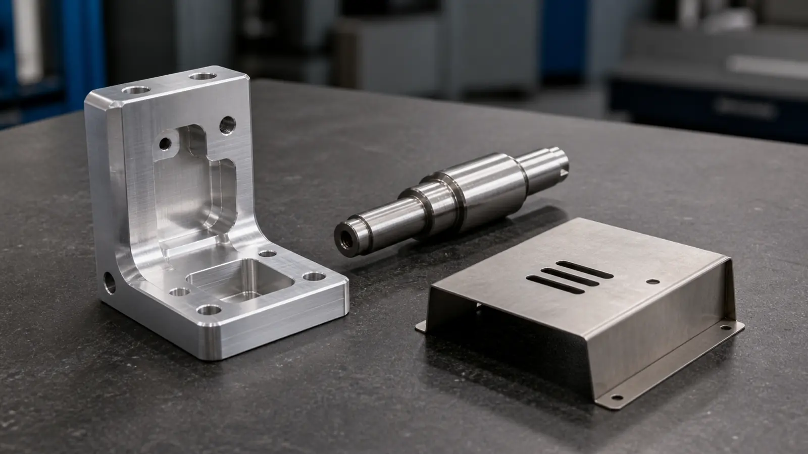 A CNC-milled aluminum bracket, stainless stepped shaft, and formed sheet metal cover arranged on a clean metrology bench