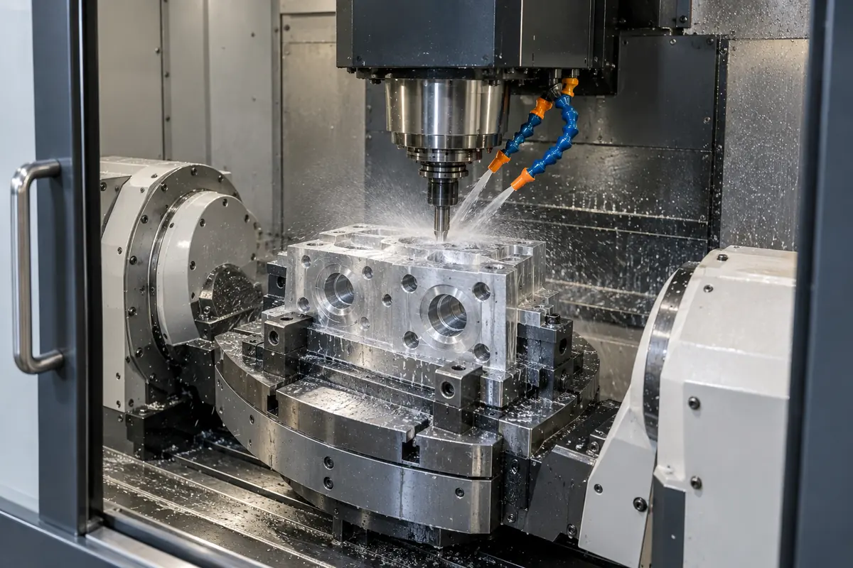 CNC machining setup for an aluminum fluid-handling component