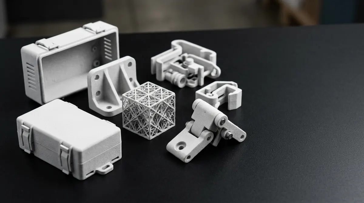 Collection of PA12 nylon powder-bed 3D-printed parts including snap-fit housings, a mounting bracket, lattice cube, hinged mechanisms, and interlocking clips on a dark surface
