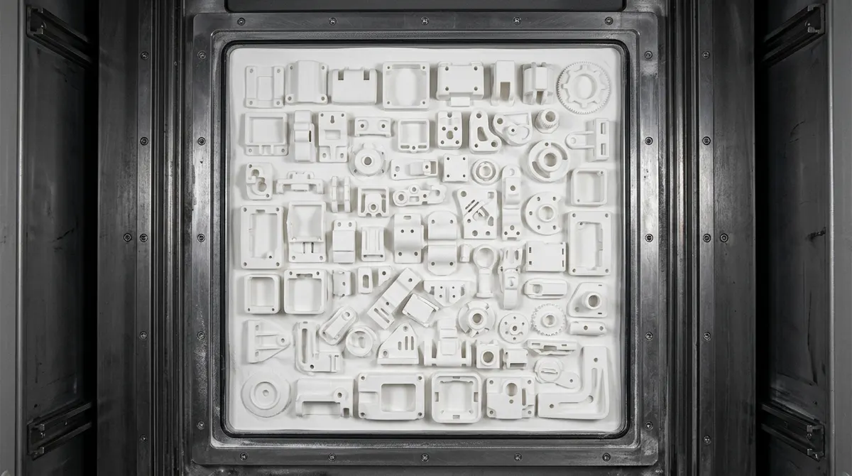 Top-down view of a powder-bed 3D printer build chamber densely packed with dozens of white nylon PA12 parts nested in unfused powder