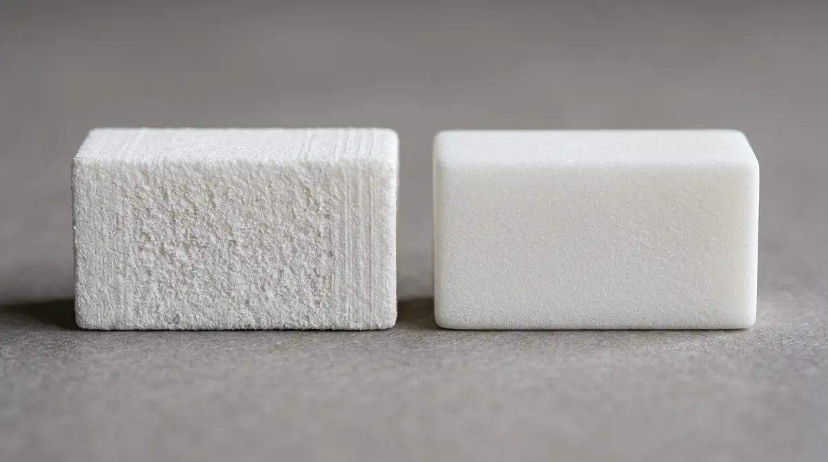 Macro comparison of two PA12 nylon sample blocks: rougher SLS surface texture on the left and smoother MJF surface texture on the right