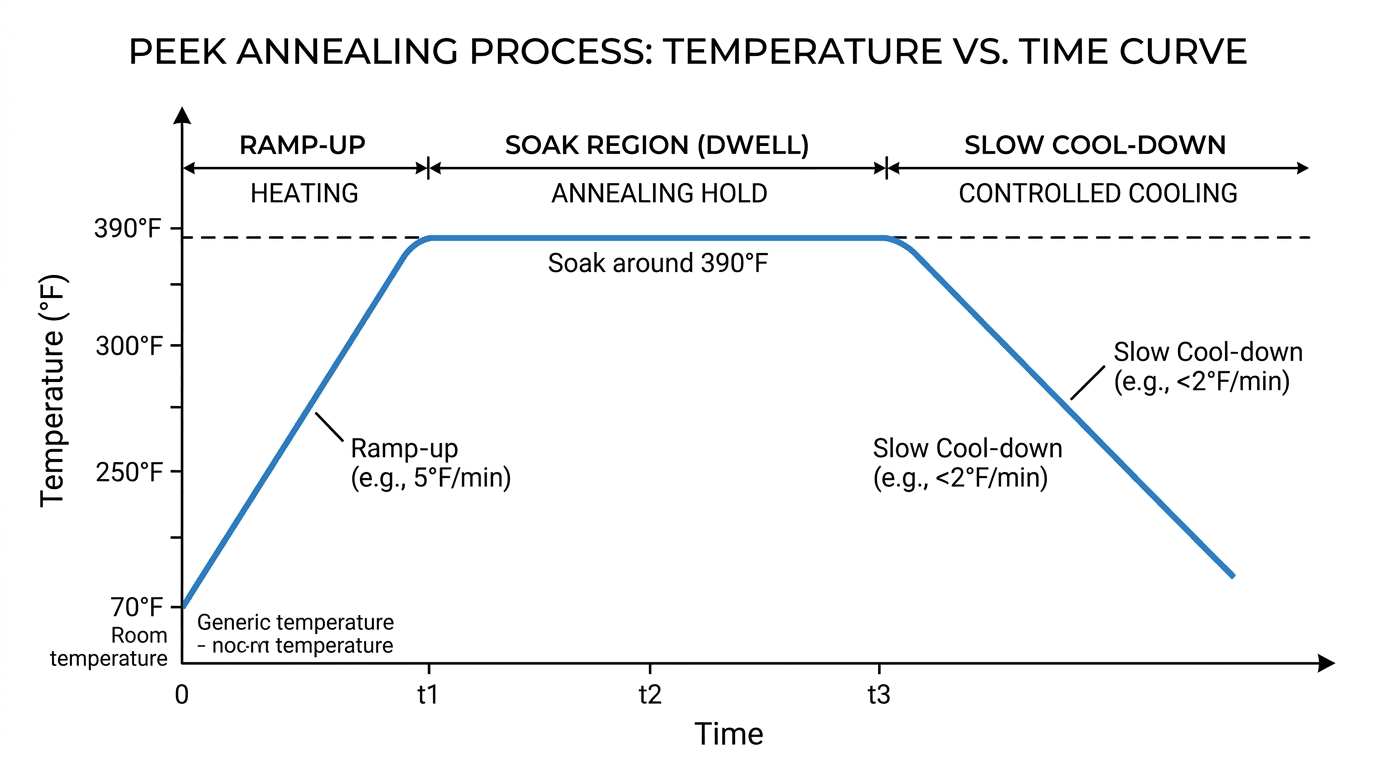 Temperature versus time curve for PEEK annealing: ramp up, soak at 390°F, slow cool-down