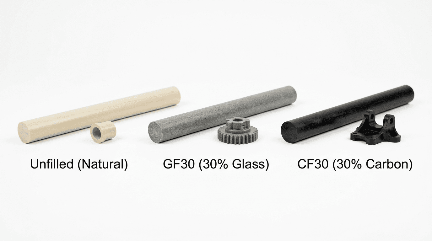 Three PEEK grades labeled: Unfilled (natural), GF30 30% glass-filled (gray), CF30 30% carbon-filled (black), each with rod stock and a machined part