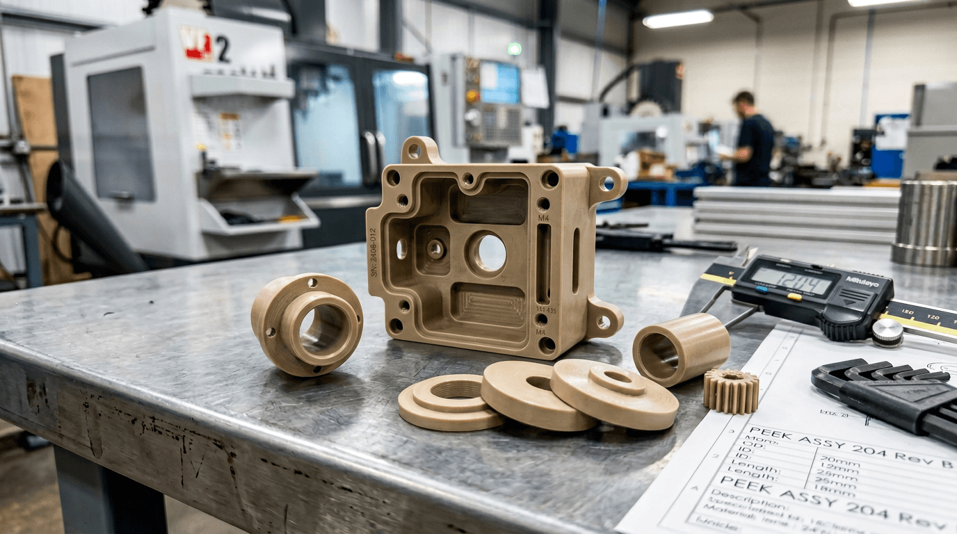 CNC machined PEEK plastic parts including bushings and precision components in natural tan finish
