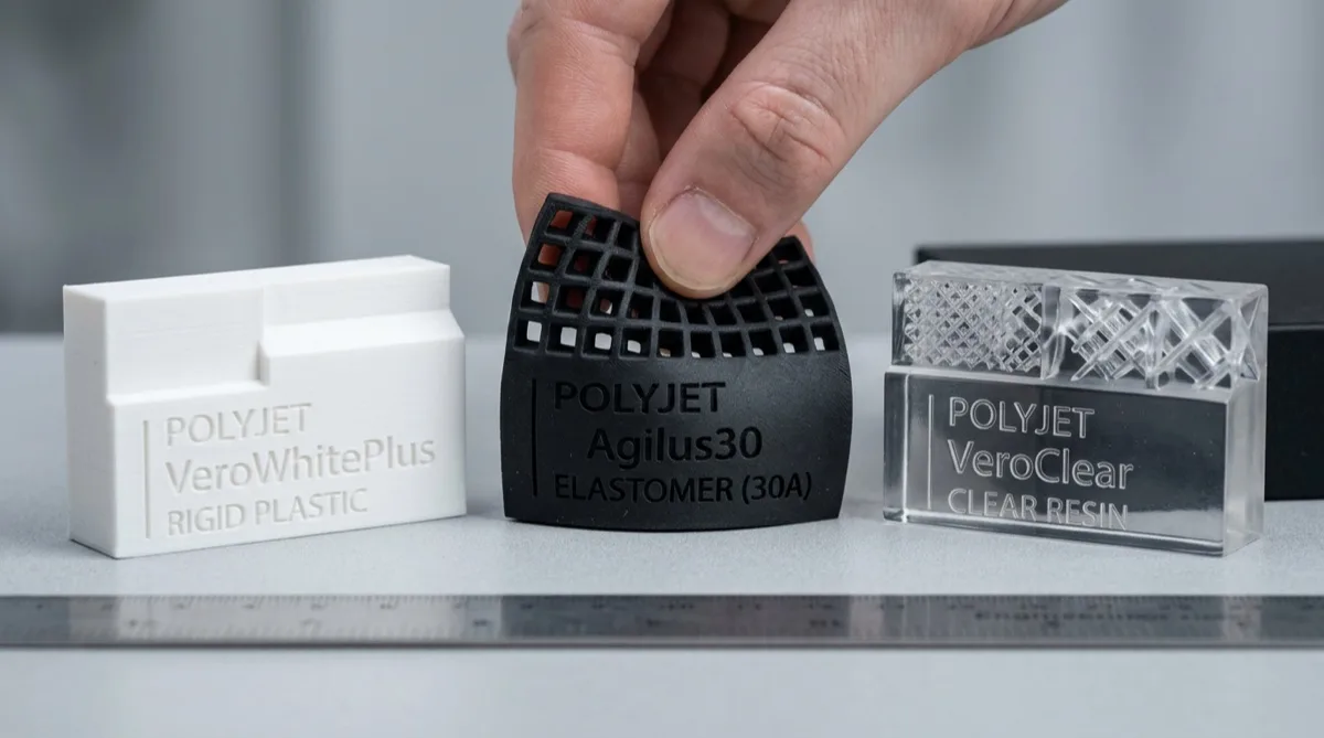 PolyJet material samples: rigid white VeroWhite, flexible black Agilus30, and transparent VeroClear — showing the three main material families