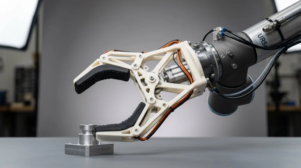 PolyJet 3D printed robotic gripper with rigid frame (Digital ABS Plus) and compliant finger pads (Agilus30) — multi-material in one build