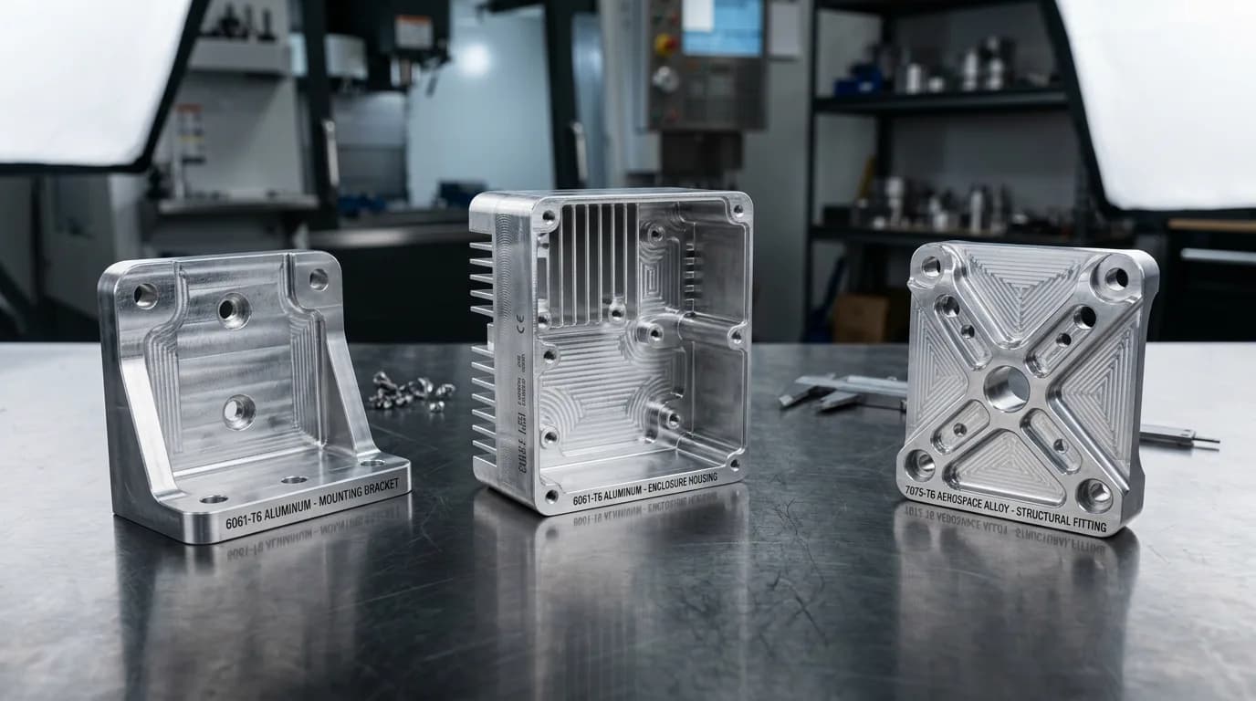 6061-T6 vs 7075-T6 aluminum CNC machined parts — 45 ksi vs 74 ksi UTS; 7075 offers higher strength at aluminum cost.