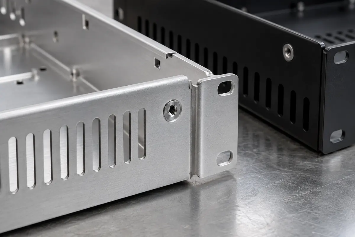 rackmount chassis corner with formed flanges, slots, and fastener locations