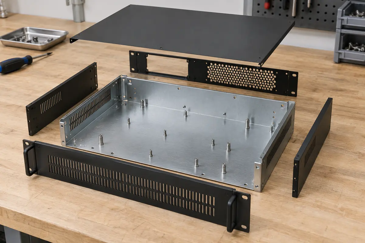 unbranded rackmount chassis parts on a clean engineering bench