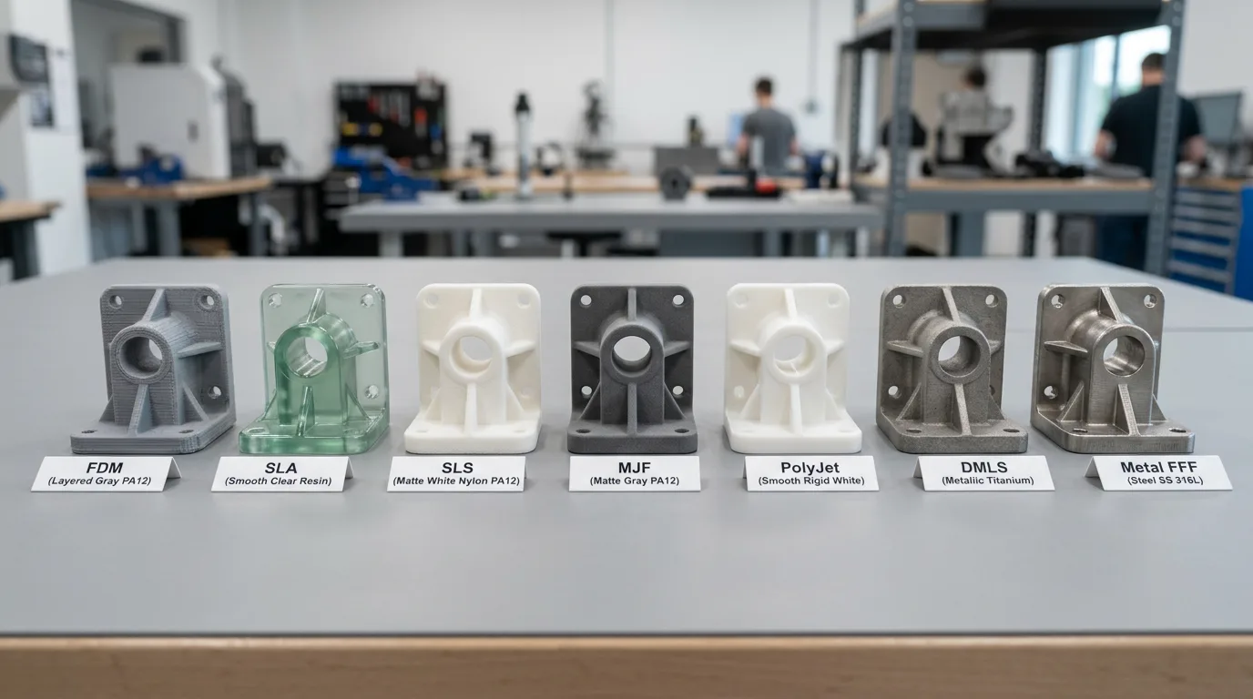 Same part printed in FDM, SLA, SLS, MJF, PolyJet, DMLS, and Metal FFF — surface finish, layer visibility, and material differ by process